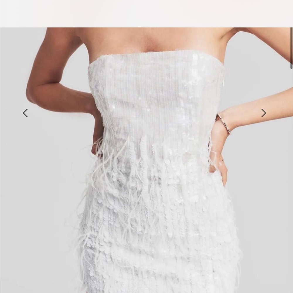 Retrofete Strapless White Sequin & Feather Cocktail Dress